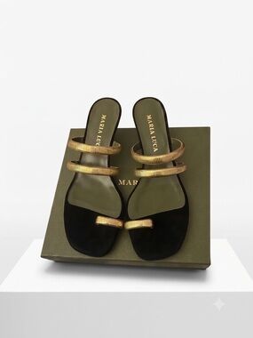 Black and Gold Triple-strap Slide Mules